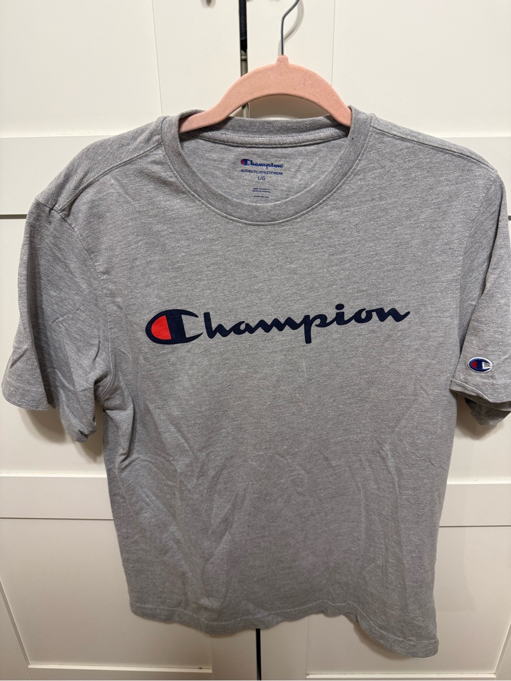 Champion Grey Short Sleeve Logo T-Shirt with Navy & Red Accents